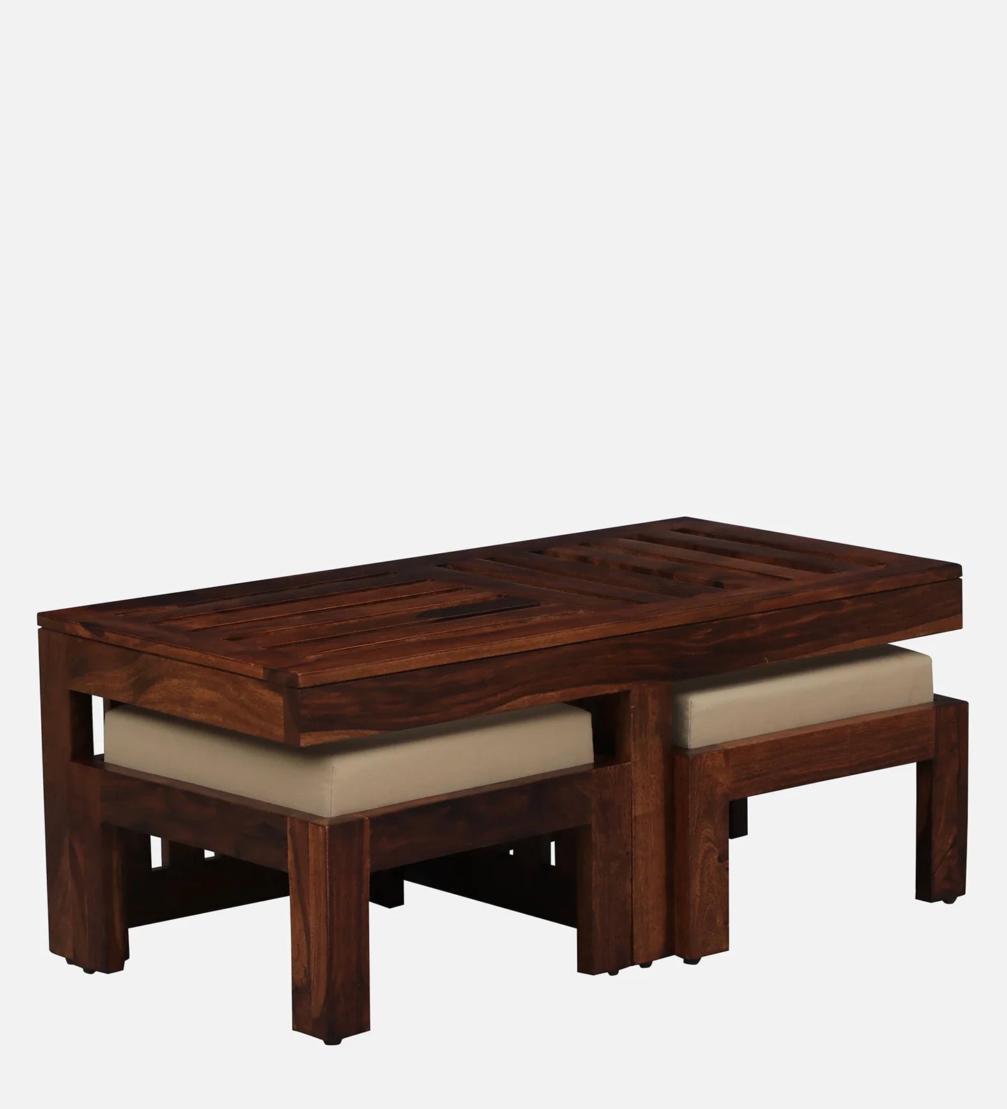 Solid Wood Nesting Coffee Table Set in Honey Oak Finish With Cushioned Stools