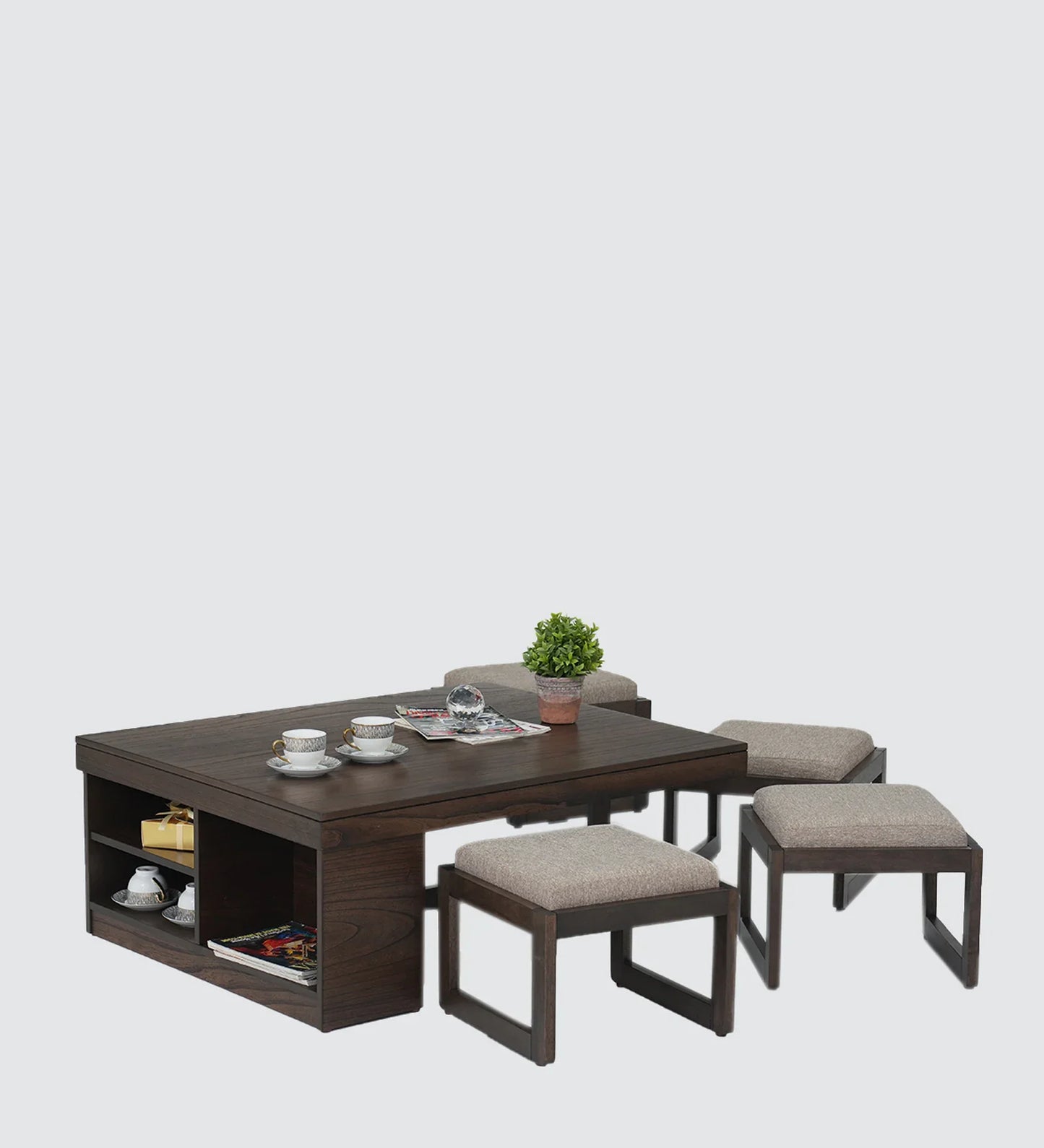 Coffee Table Set with 4 Stool in Brown Colour