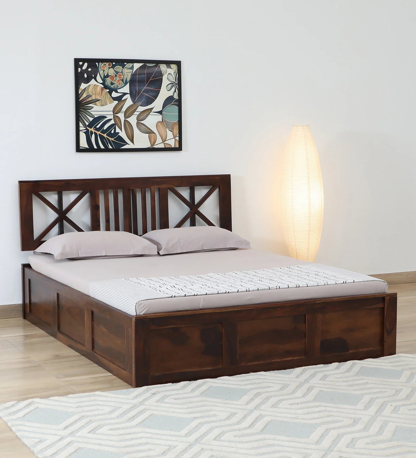 Sheesham Wood Queen Size Bed In Provincial Teak Finish With Headboard & Hydraulic Storage