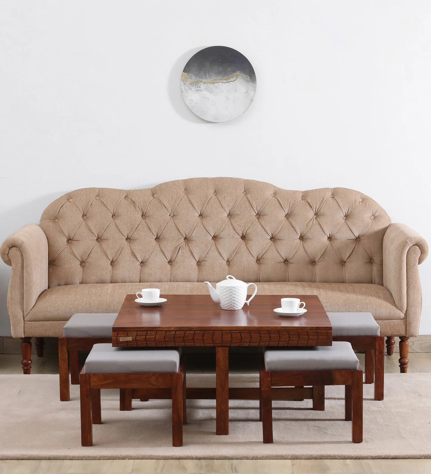 Sheesham Wood Nesting Coffee Table Set in Scratch Resistant Honey Oak Finish With Cushioned Stools