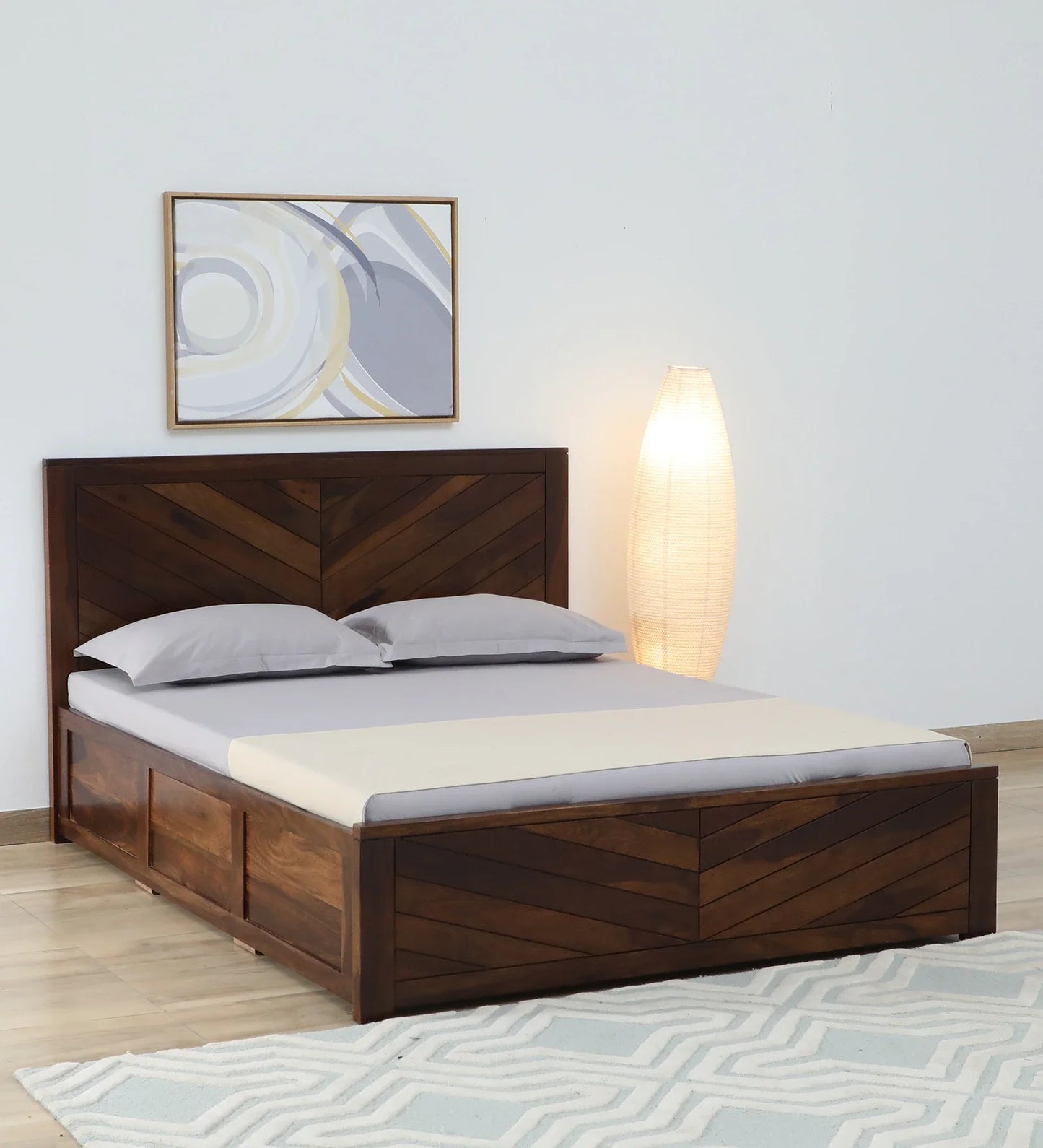 Sheesham Wood King Size Bed In Scratch Resistant Provincial Teak Finish With Hydraulic Storage