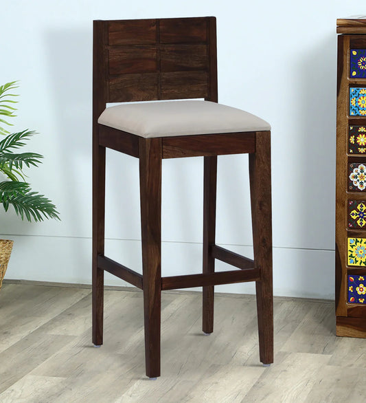 Sheesham Wood Full Back Bar Stool In Provincial Teak Finish with Beige Cushion