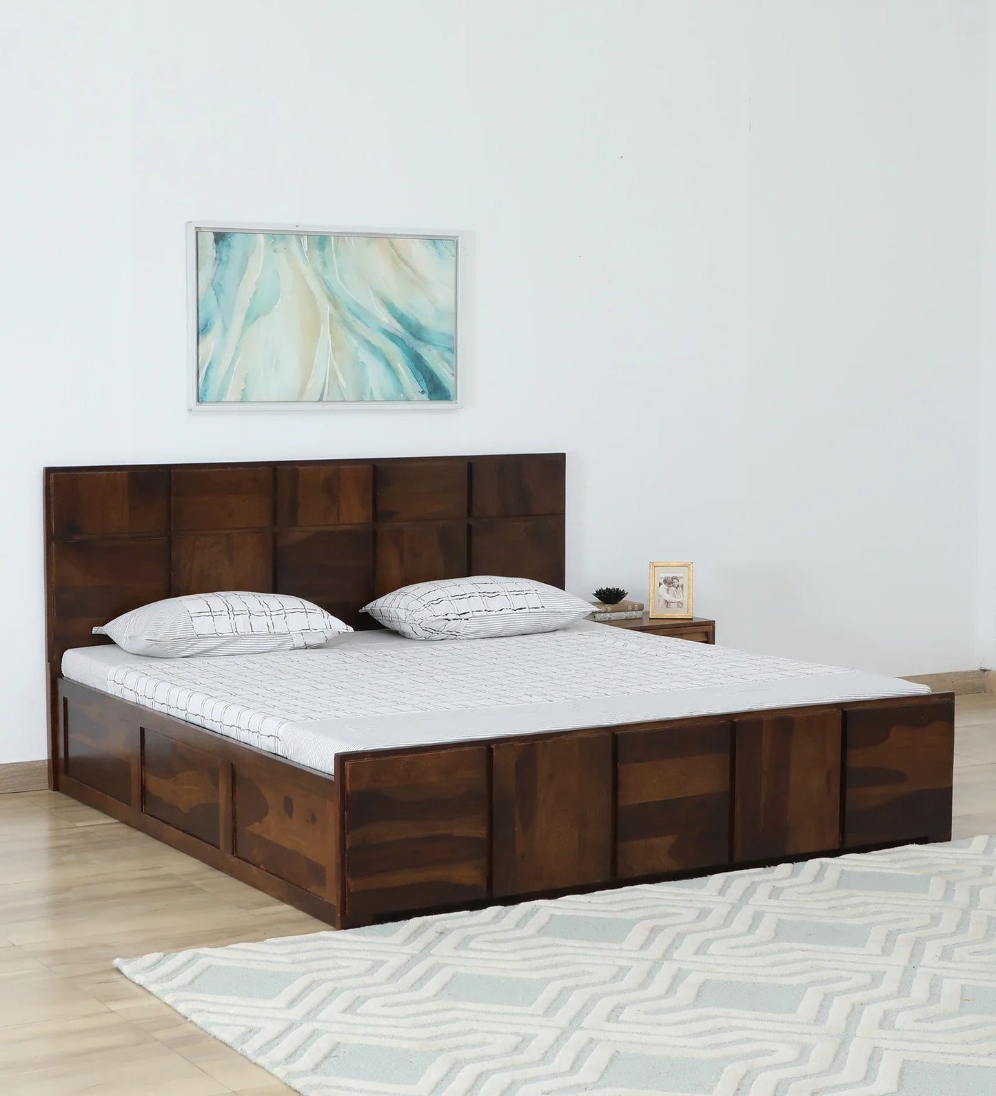Sheesham Wood King Size Bed In Provincial Teak Finish With Hydraulic Storage