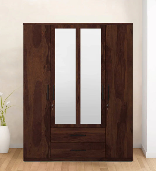 4 Door Wardrobe With Mirror In Sheesham Woodpore Finish With Locker & Drawer