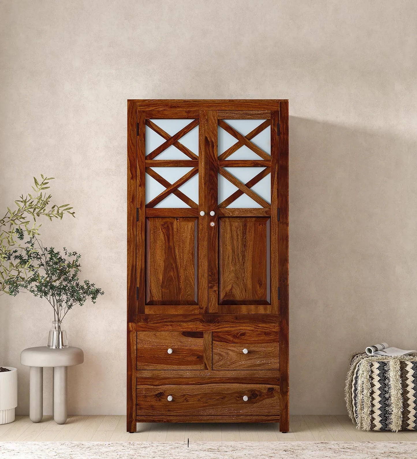 Sheesham Wood 2 Door Wardrobe In Scratch Resistant Provincial Teak Finish With Drawer