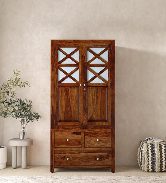 Sheesham Wood 2 Door Wardrobe In Scratch Resistant Provincial Teak Finish With Drawer