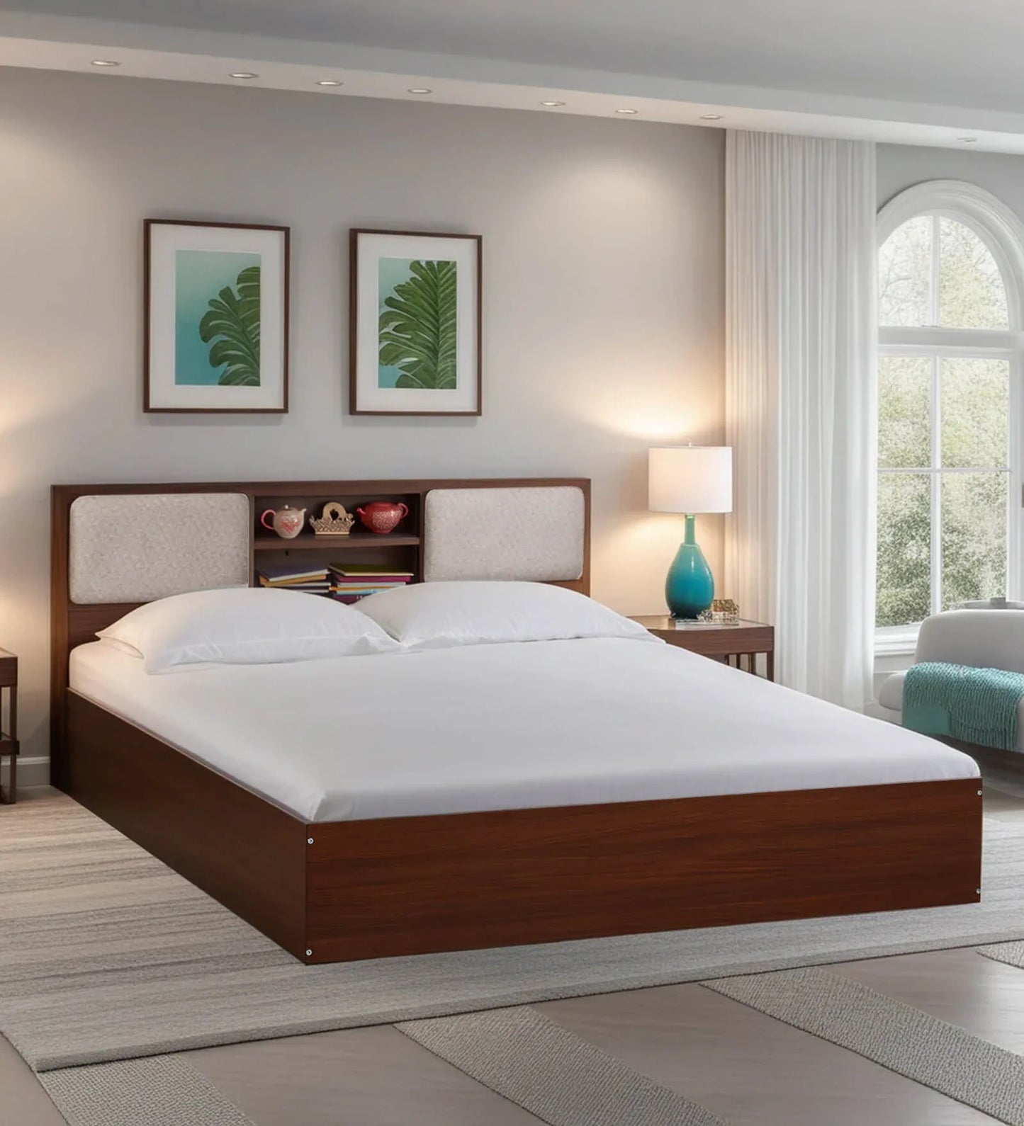 King size Bed in Planked Walnut Finish with Box Storage & Upholstered Headboard Storage