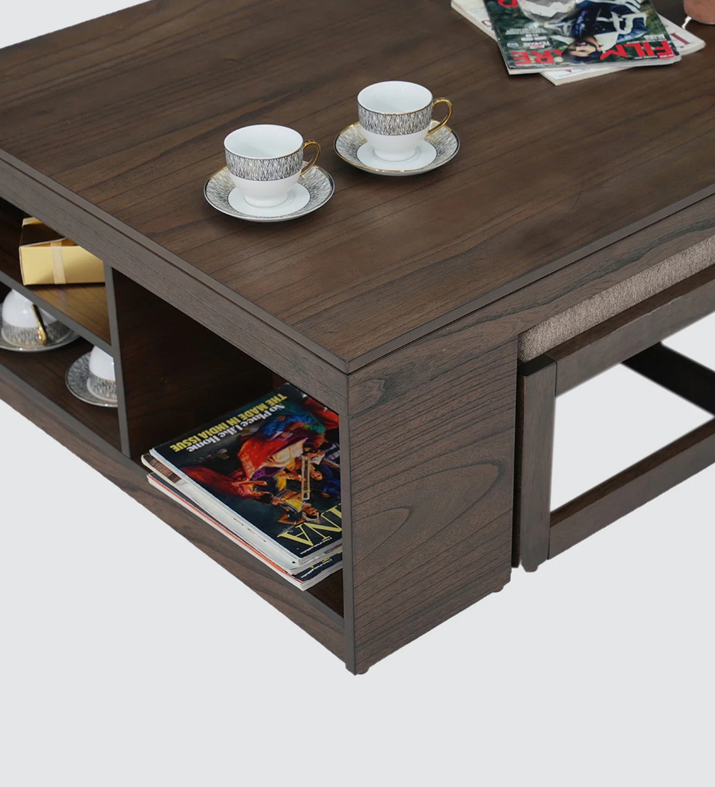Coffee Table Set with 4 Stool in Brown Colour