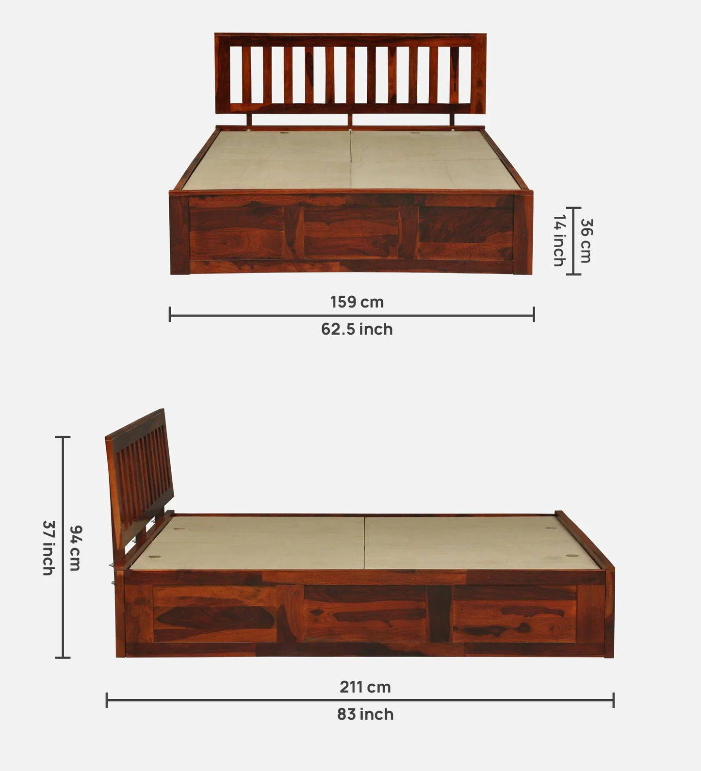 Sheesham Wood Queen Size Bed In Honey Oak Finish With Box Storage