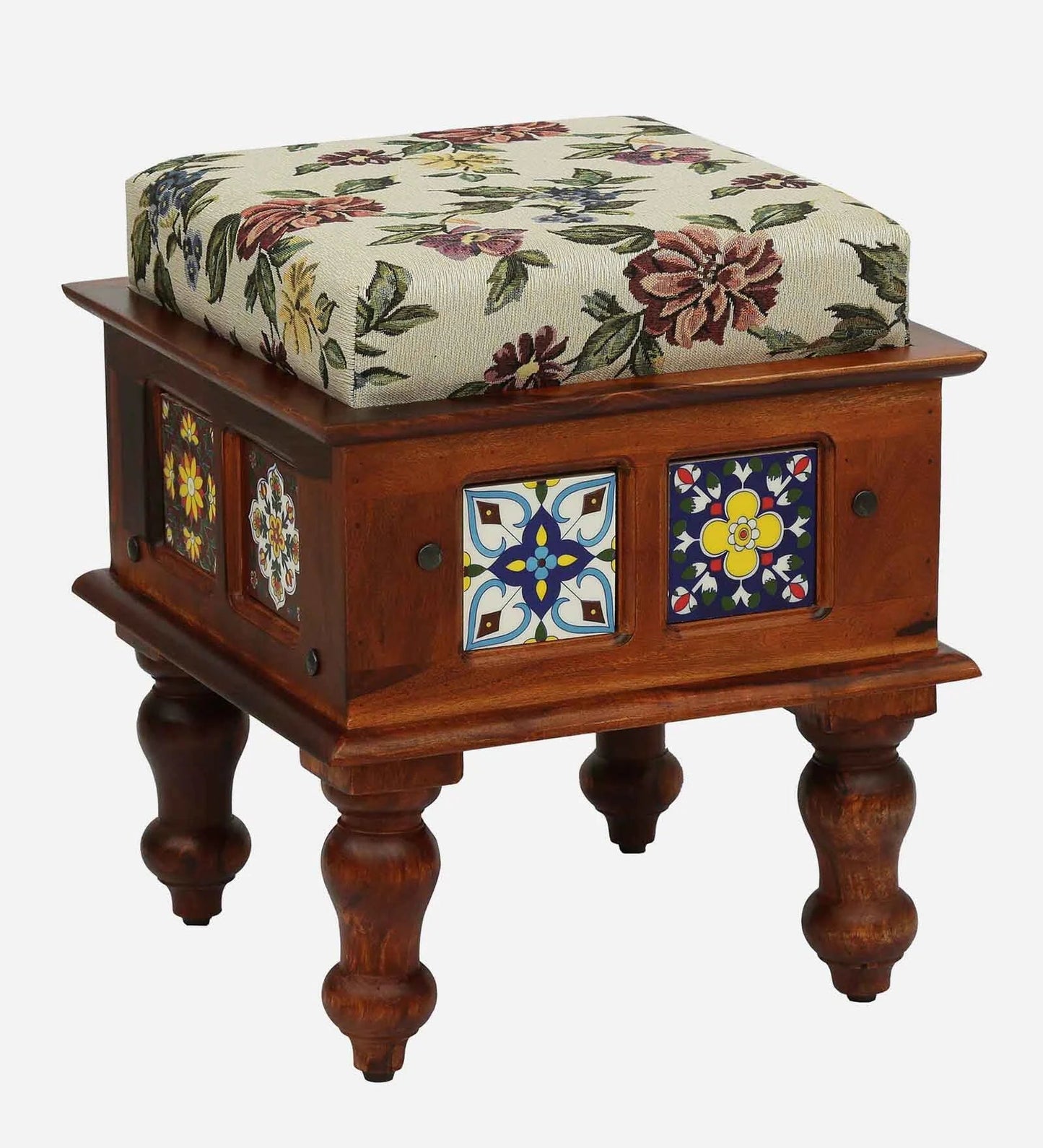 Sheesham Wood Seating Stool In Honey Oak Finish With Multicolor Cushion