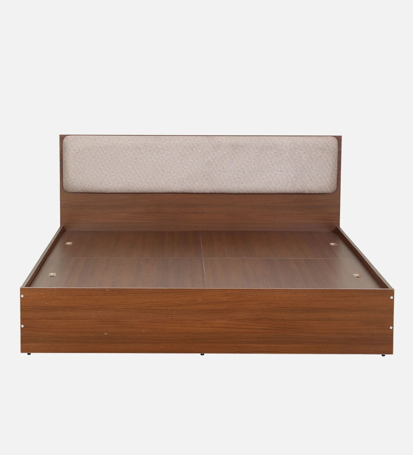 King size Bed in Planked Walnut Finish with Upholstered Headboard