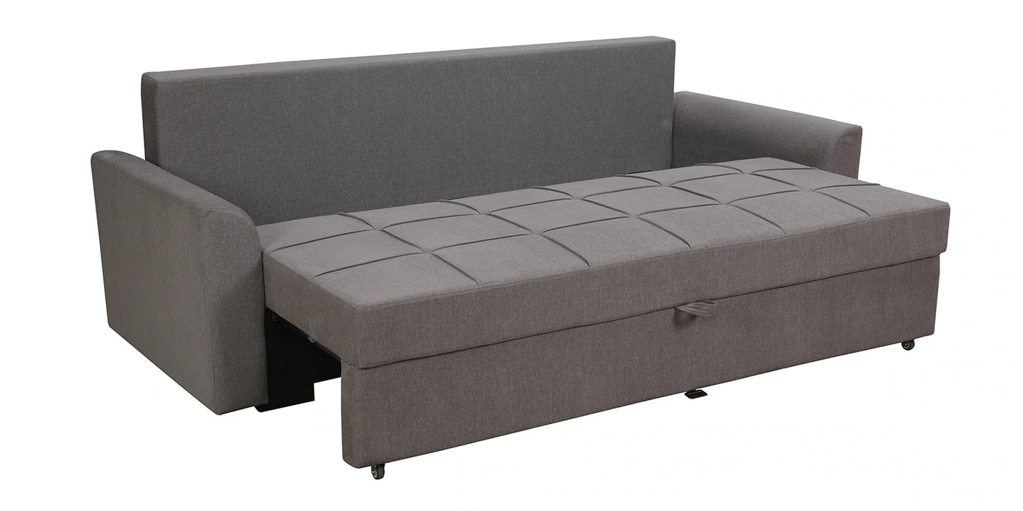 Fabric Pull Out Sofa Cum Bed In Sandy Brown Colour With Storage