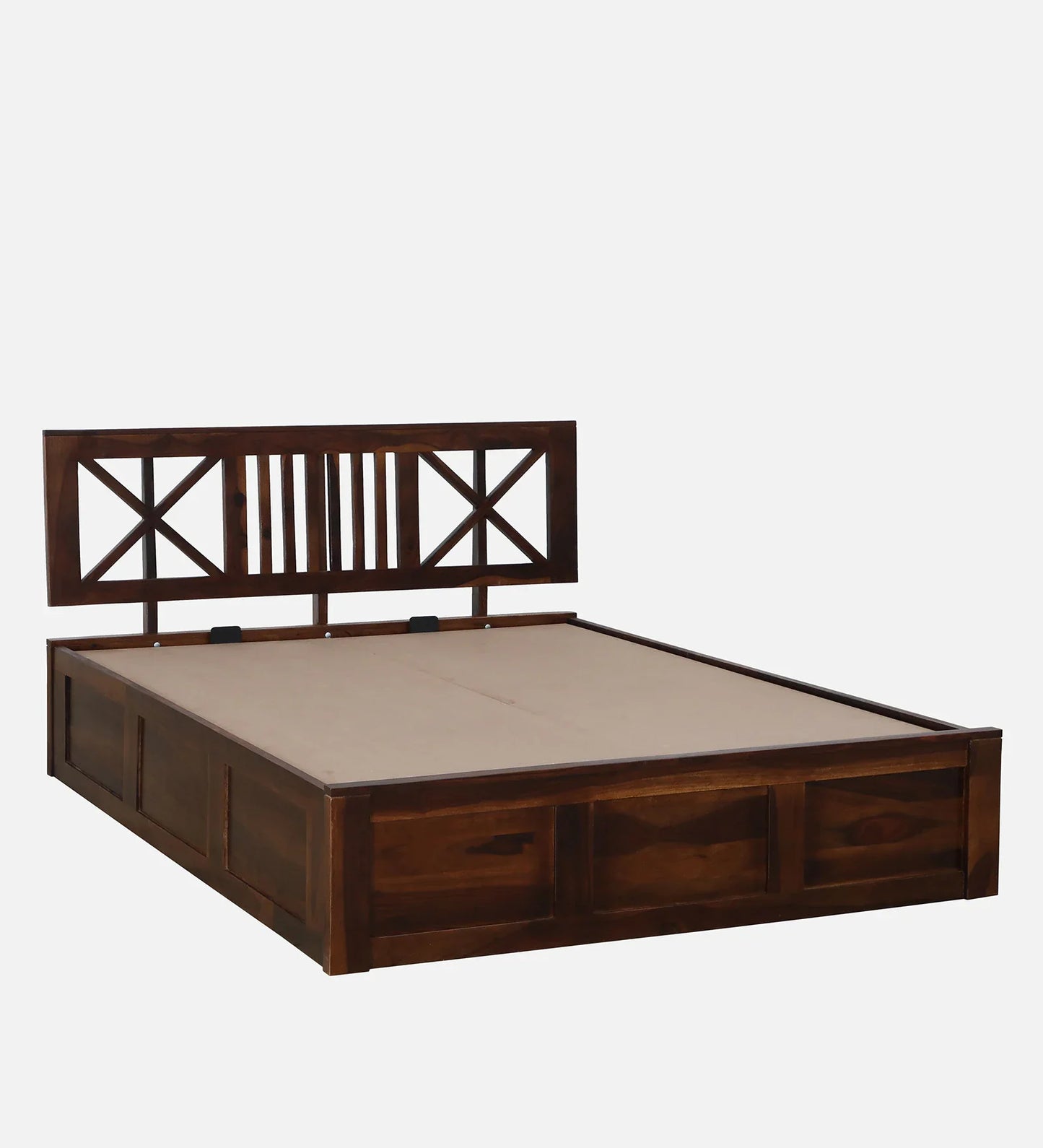 Sheesham Wood Queen Size Bed In Provincial Teak Finish With Headboard & Hydraulic Storage