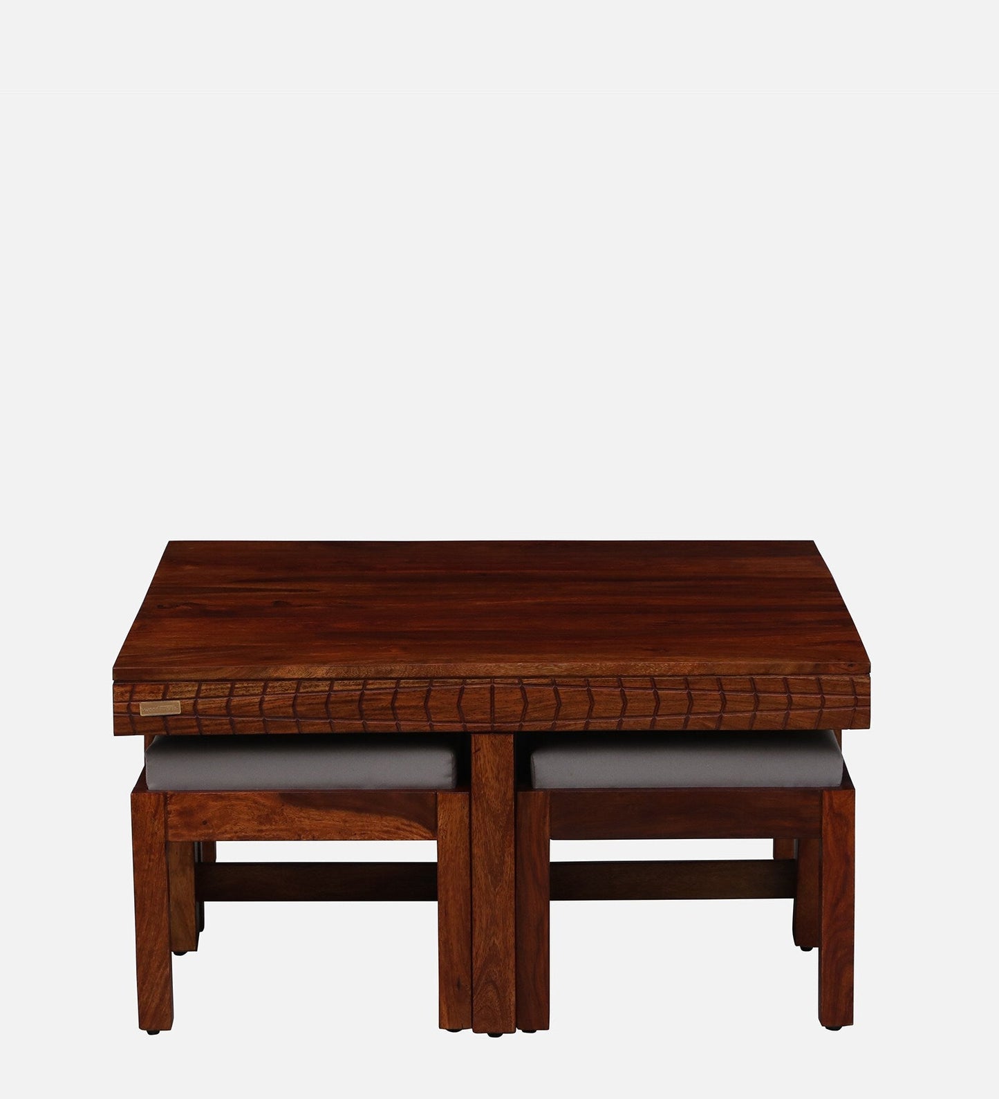 Sheesham Wood Nesting Coffee Table Set in Scratch Resistant Honey Oak Finish With Cushioned Stools