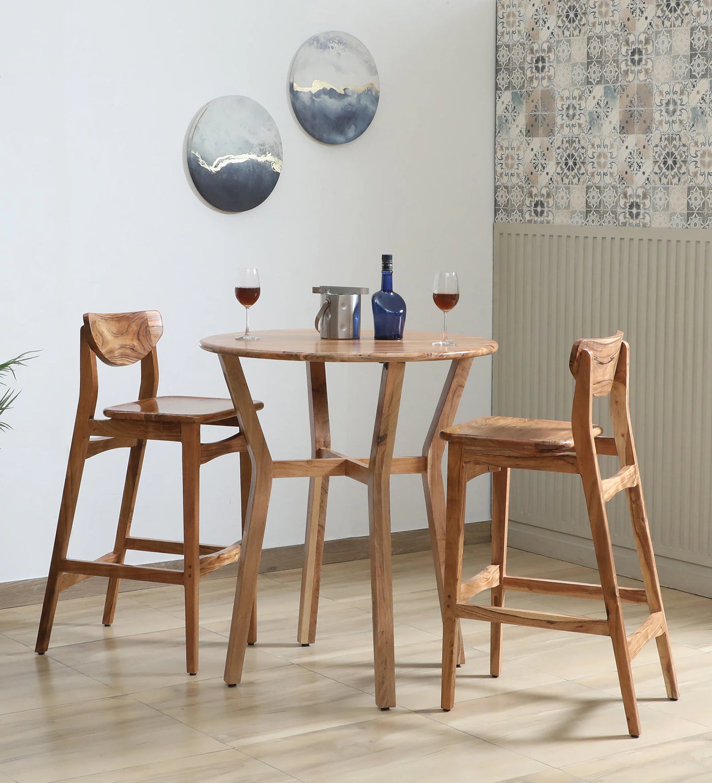 Wood 2 Seater Bar Table Set In Natural Finish