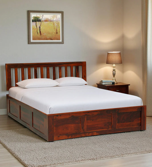 Sheesham Wood Queen Size Bed In Honey Oak Finish With Box Storage