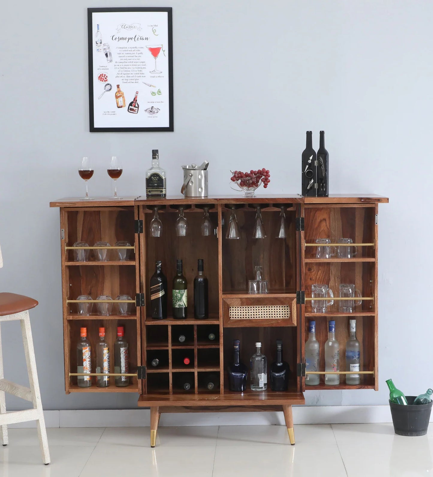 Sheesham Wood Bar Cabinet In Rustic Teak Finish