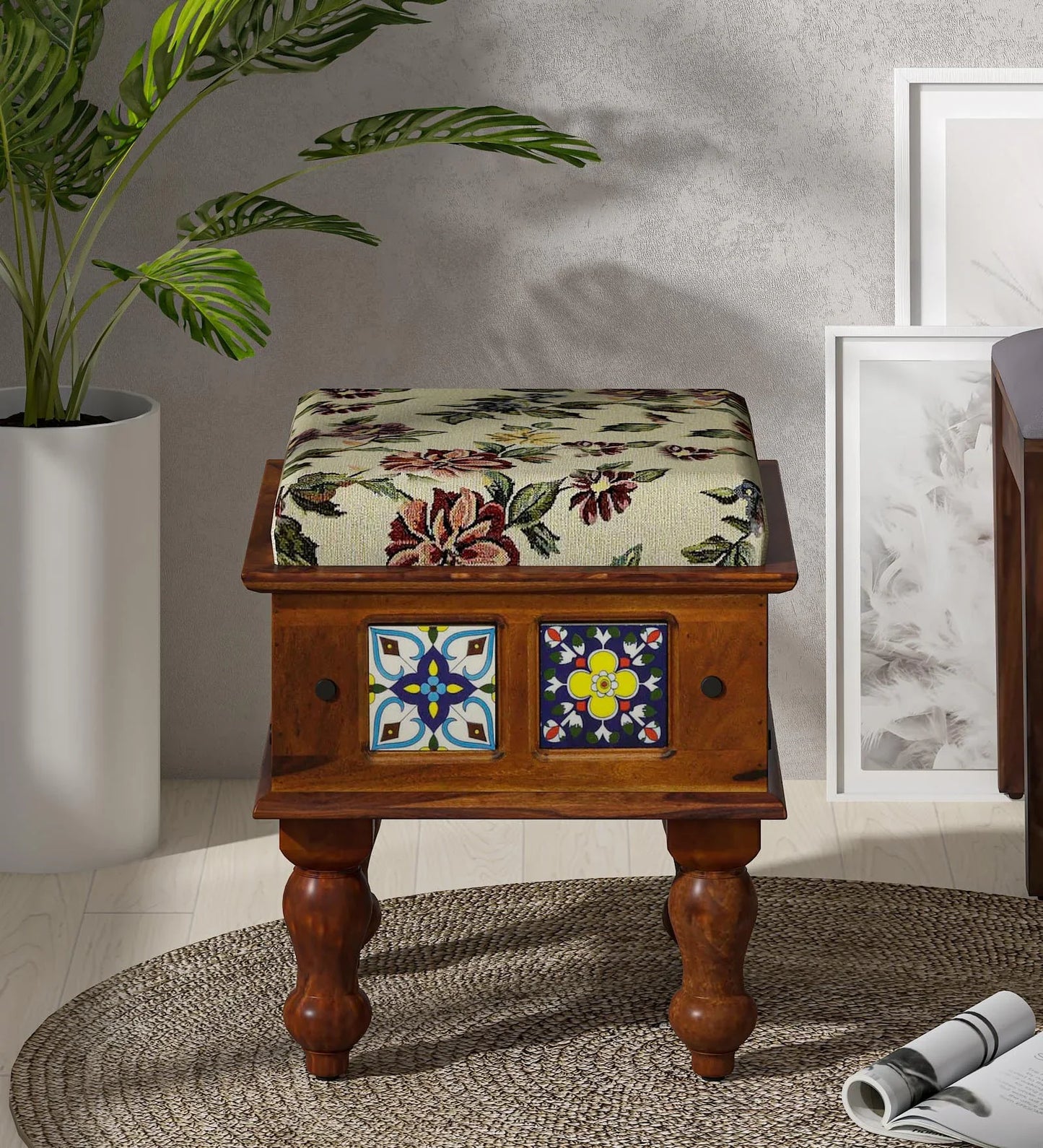 Sheesham Wood Seating Stool In Honey Oak Finish With Multicolor Cushion