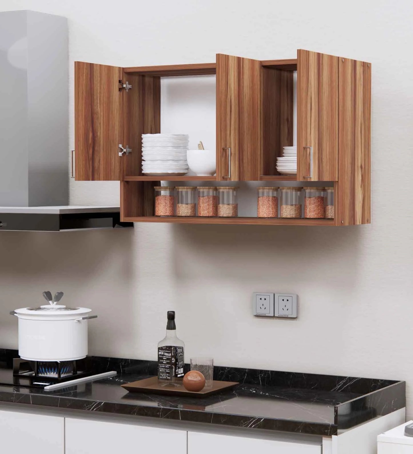 3 Doors Modular Wall Mounted Kitchen Cabinet with Organizer Shelf in Aisan Walnut Finish