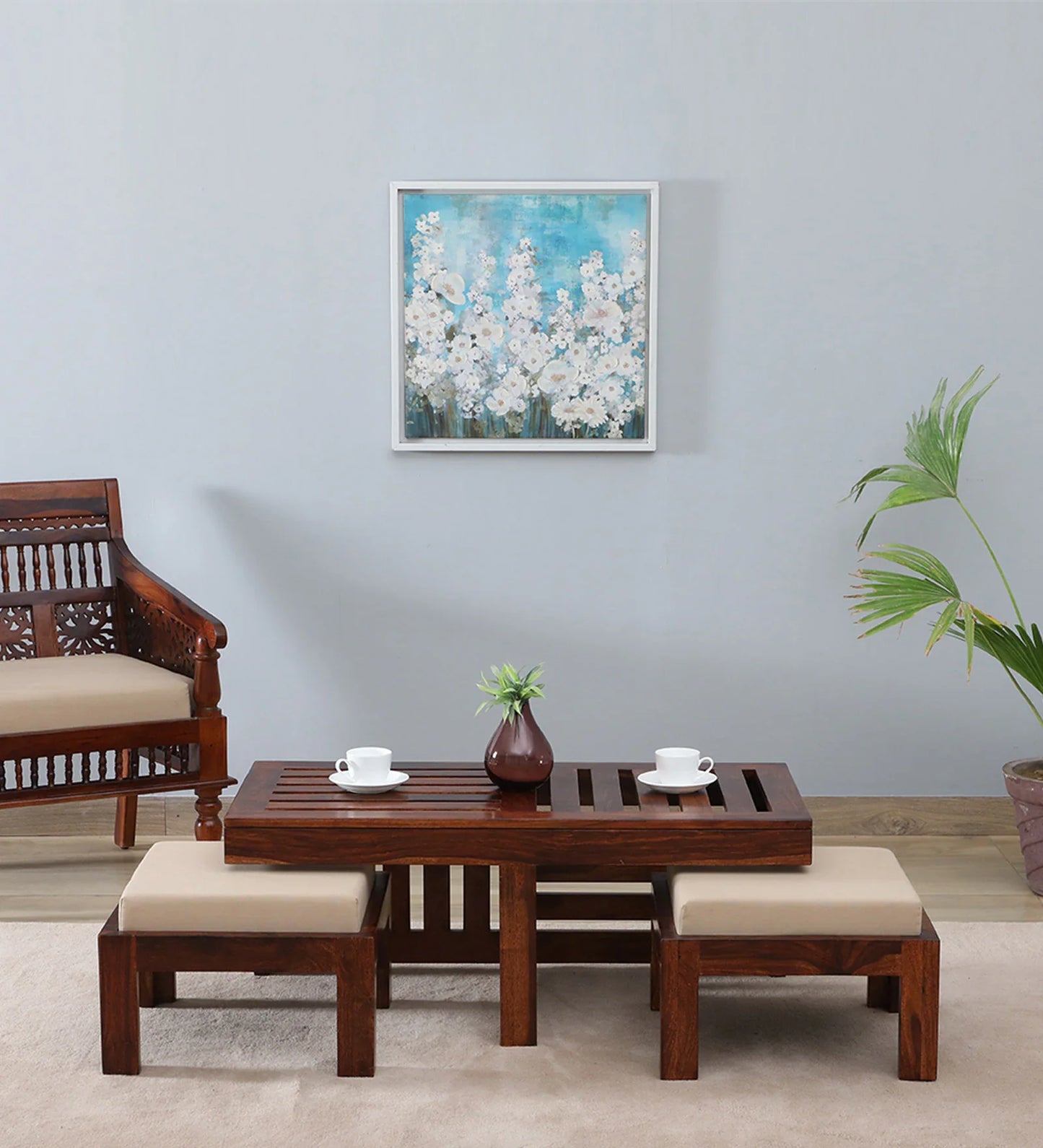 Solid Wood Nesting Coffee Table Set in Honey Oak Finish With Cushioned Stools