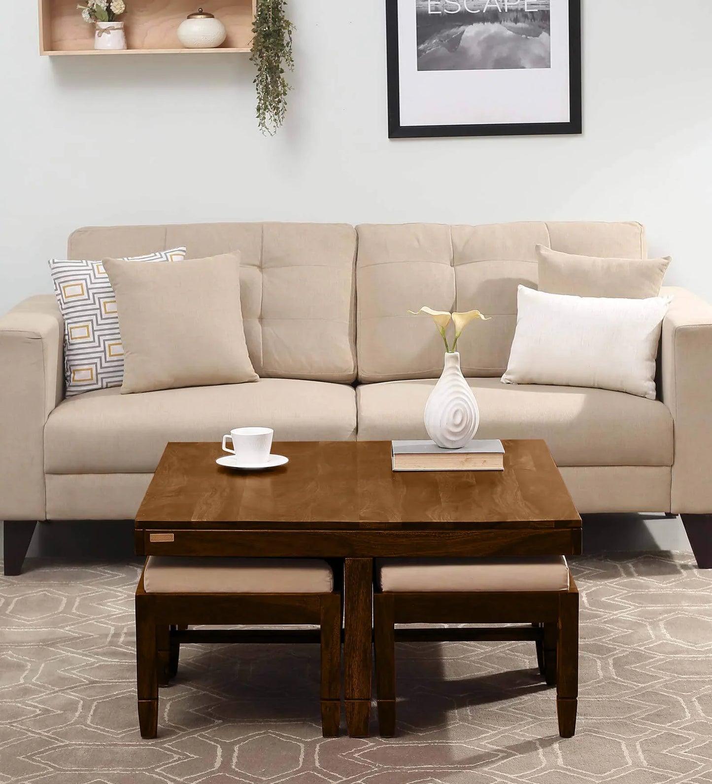 Sheesham Wood Nesting Coffee Table Set in Provincial Teak Finish With Cushioned Stools