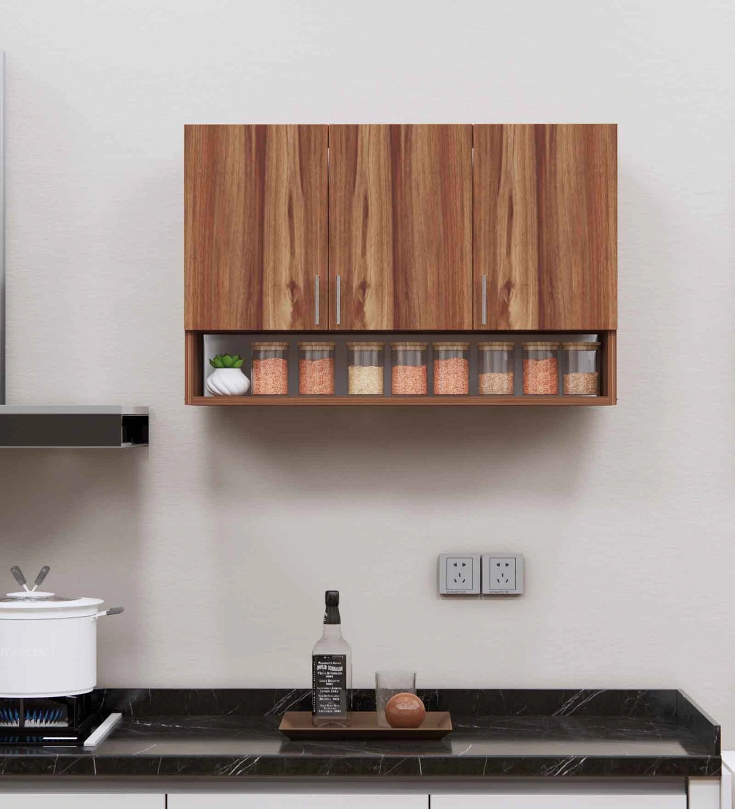 3 Doors Modular Wall Mounted Kitchen Cabinet with Organizer Shelf in Aisan Walnut Finish