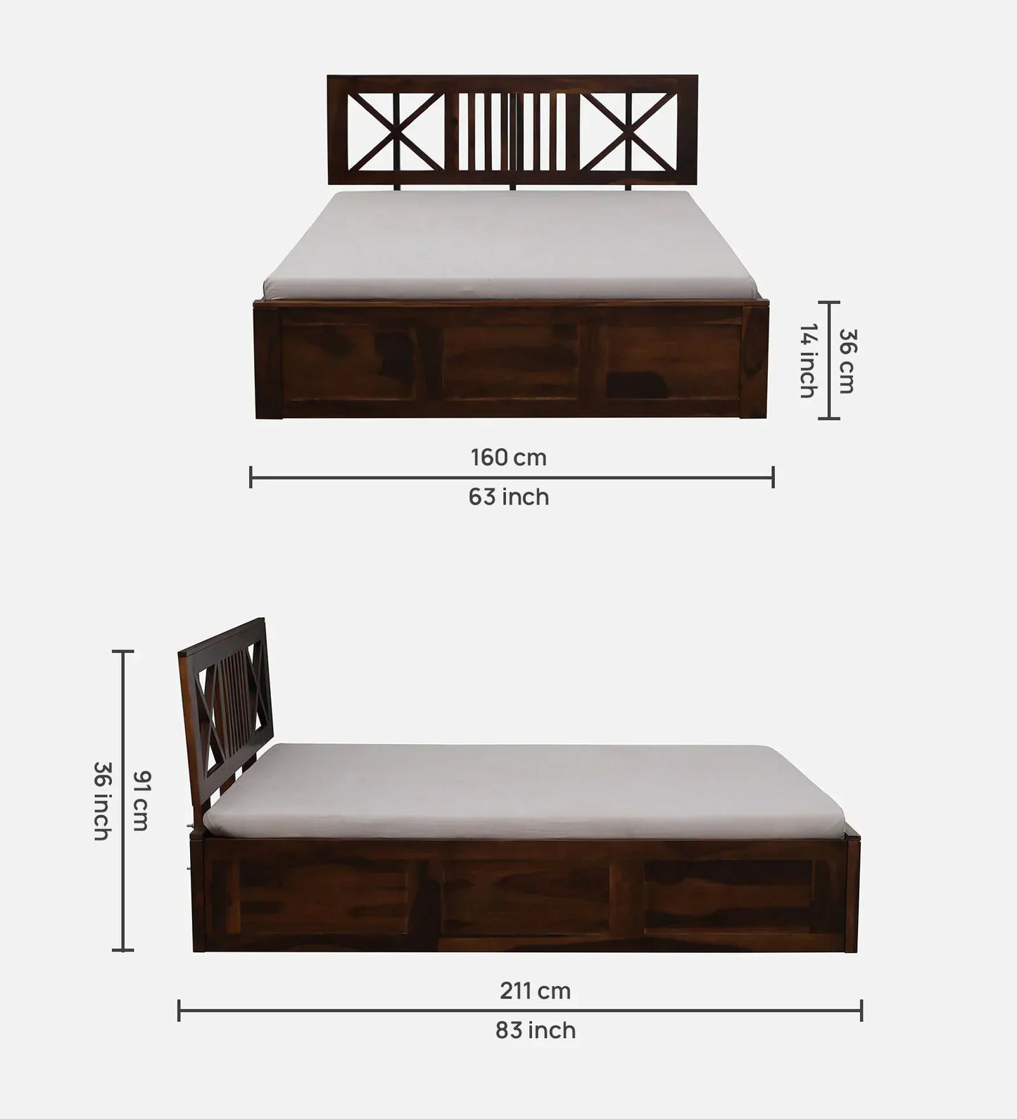 Sheesham Wood Queen Size Bed In Provincial Teak Finish With Headboard & Hydraulic Storage