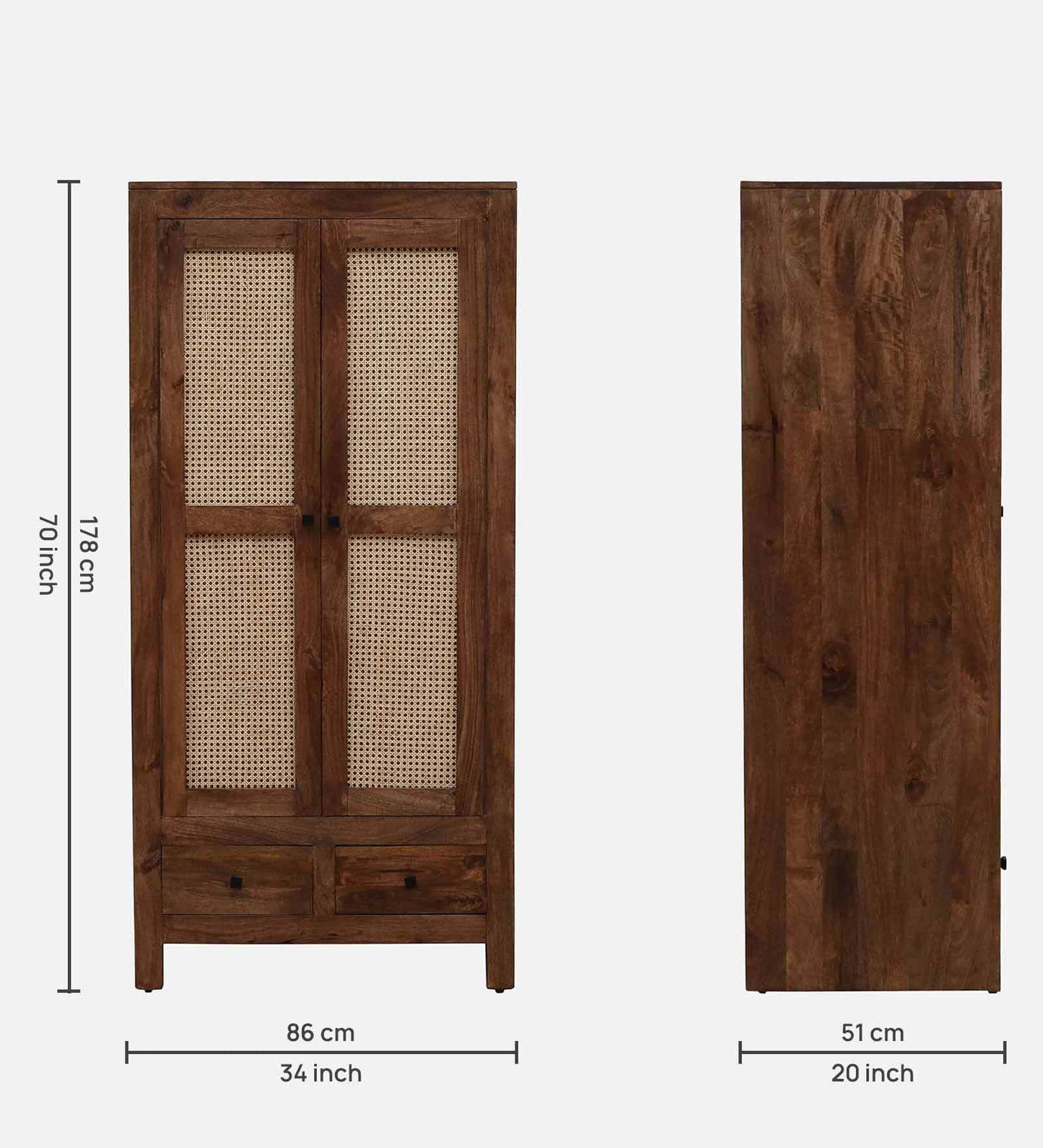 Mango Wood 2 Door Wardrobe In Rustic Teak Finish With Drawer