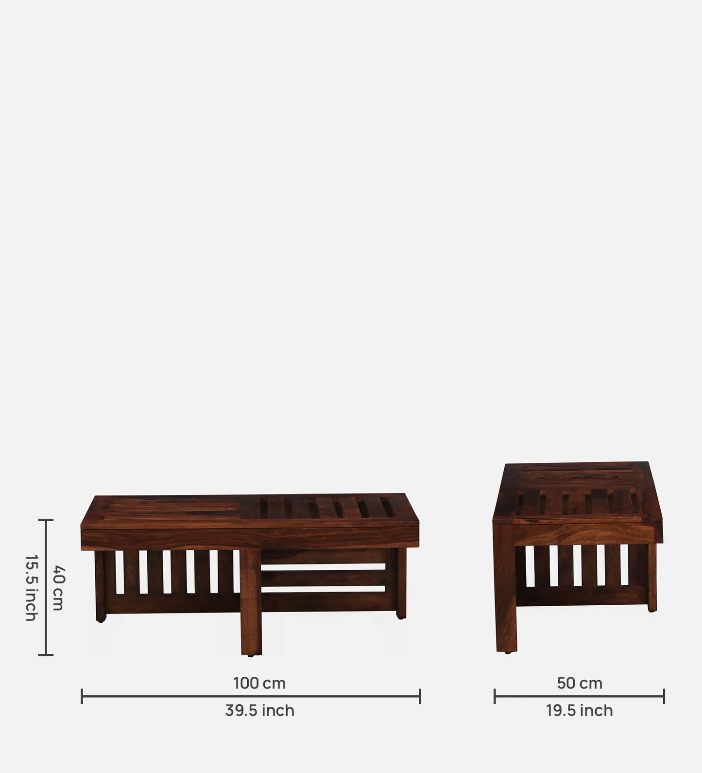 Solid Wood Nesting Coffee Table Set in Honey Oak Finish With Cushioned Stools