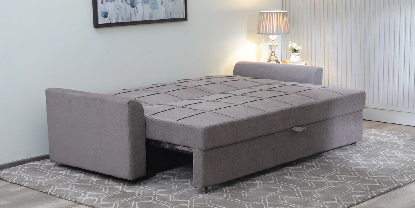 Fabric Pull Out Sofa Cum Bed In Sandy Brown Colour With Storage