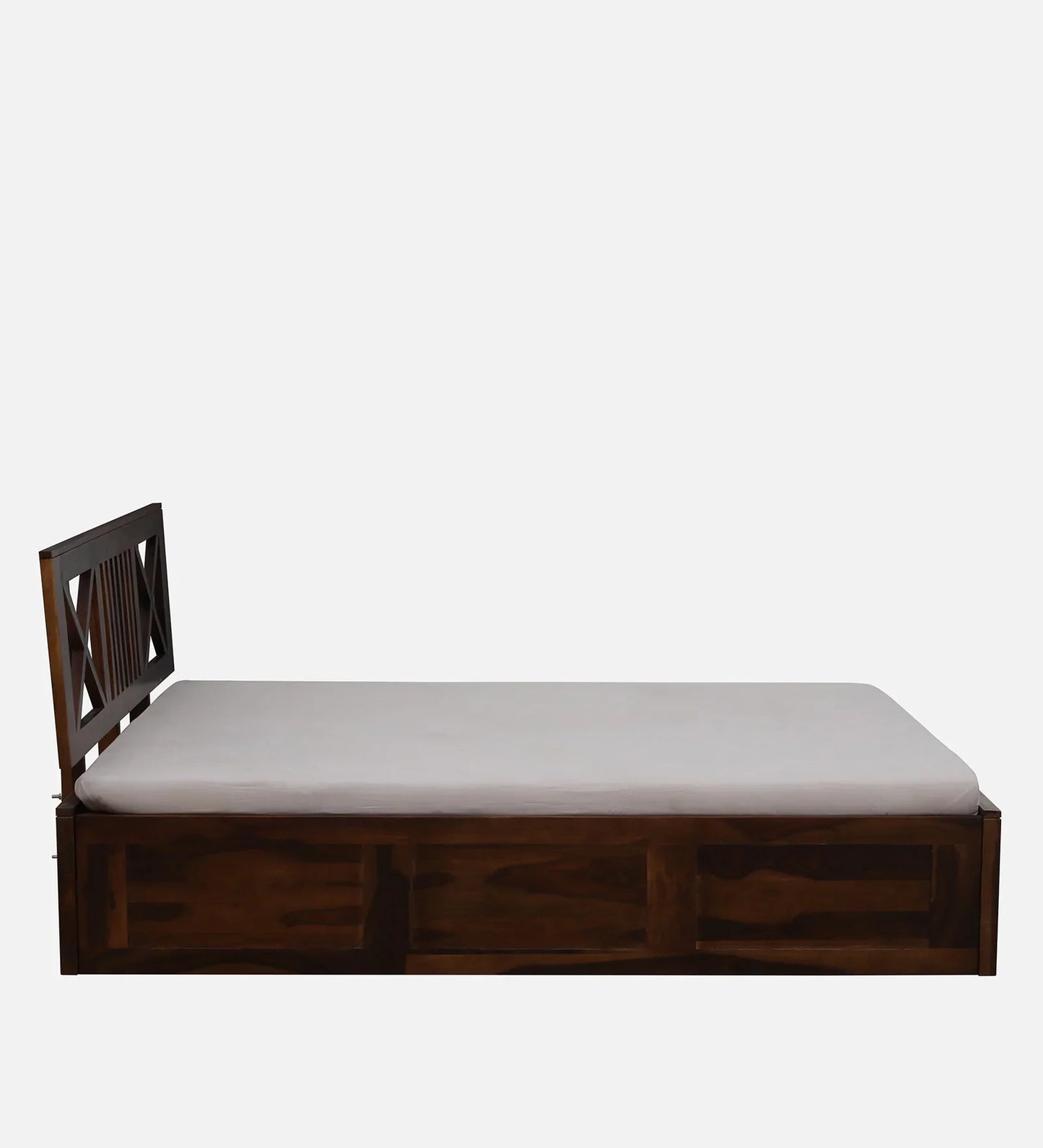 Sheesham Wood Queen Size Bed In Provincial Teak Finish With Headboard & Hydraulic Storage
