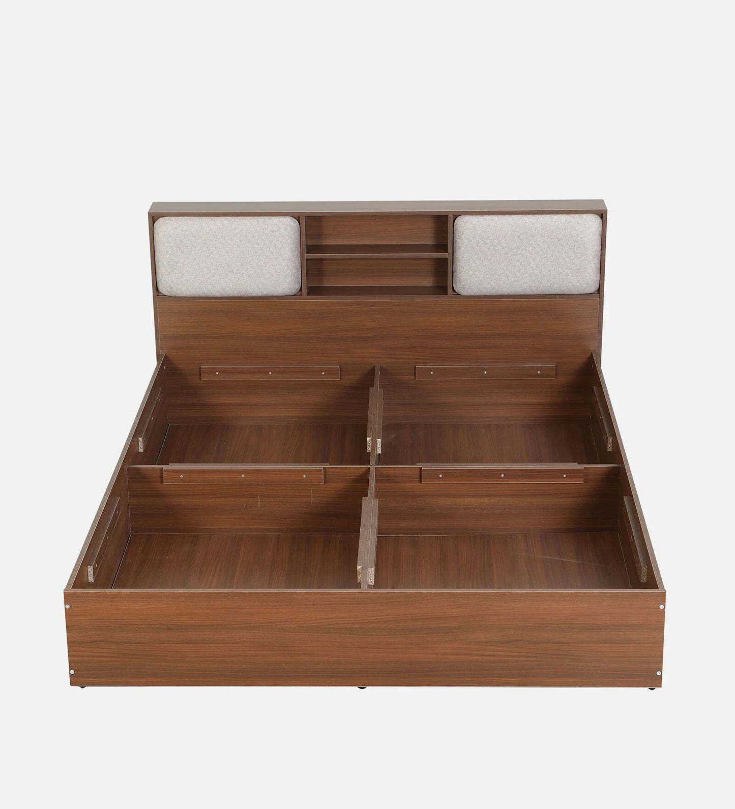 King size Bed in Planked Walnut Finish with Box Storage & Upholstered Headboard Storage