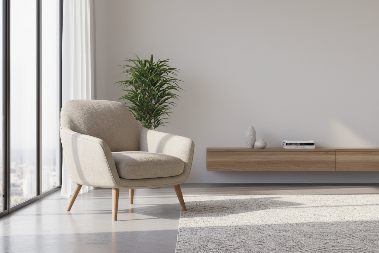 Create an image for a furniture website home page for Fabric Arm Chair